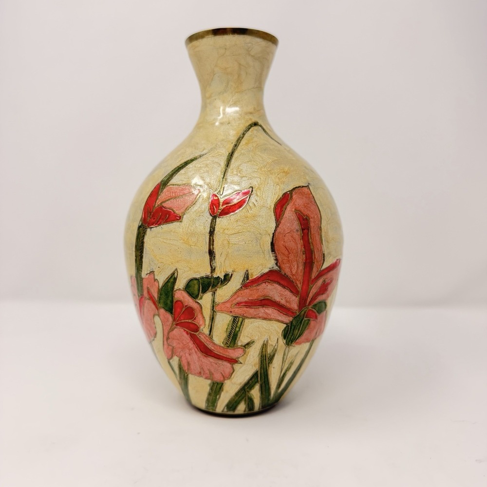 Vintage Brass Enamel Vase Made in India Hand Painted‎ Floral 9.5" Tall